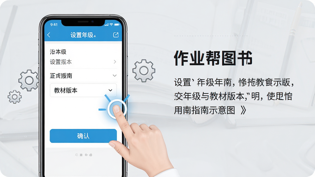 作业帮图书 使用指南示意图 手机屏幕上显示设置年级与教材版本的界面 旁边有手指点击的动画标识 背景为浅灰色 布局为左图右文 风格教程说明 细节包含齿轮图标 下拉菜单 确认按钮 画质高清 干净 无多余元素