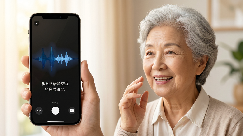 银发说语音交互功能展示,主体为一位银发老人手持手机微笑说话,布局为半身人物与手机界面结合,排版采用左右分栏,风格温暖明亮,细节包括手机屏幕上的语音波形动画和文字转写效果,画质高清,干净,无多余元素
