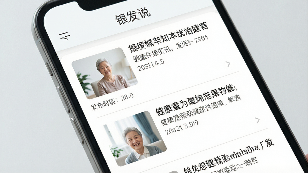 银发说健康资讯页面展示,主体为手机屏幕特写,布局为资讯列表纵向排列,排版整齐,风格清爽淡雅,细节包括健康文章标题、配图缩略图和发布时间,画质高清,干净,无多余元素,屏幕上方有