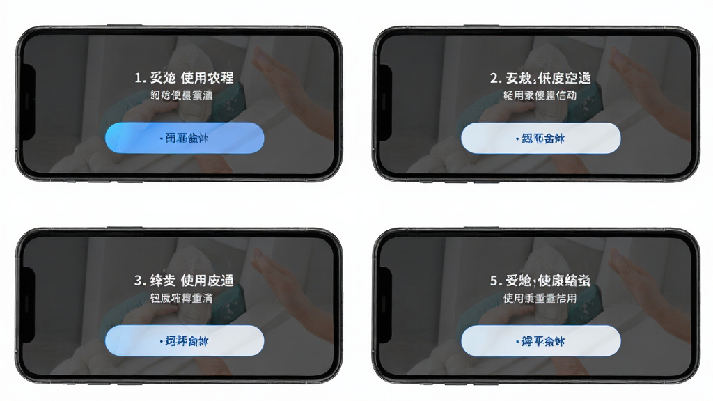 银发说使用教程示意图,主体为手机屏幕分步操作截图,布局为四格步骤展示,排版从左到右从上到下,风格简洁明了,细节包括每一步的操作按钮高亮和文字说明,画质高清,干净,无多余元素