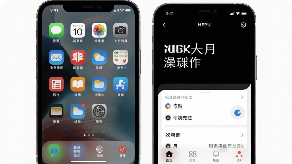 银发说操作界面极简设计展示,主体为手机桌面与APP界面组合,布局为桌面图标和APP首页并排展示,排版清晰,风格简洁明快,细节包括大字体标签、高对比度配色和底部导航栏,画质高清,干净,无多余元素