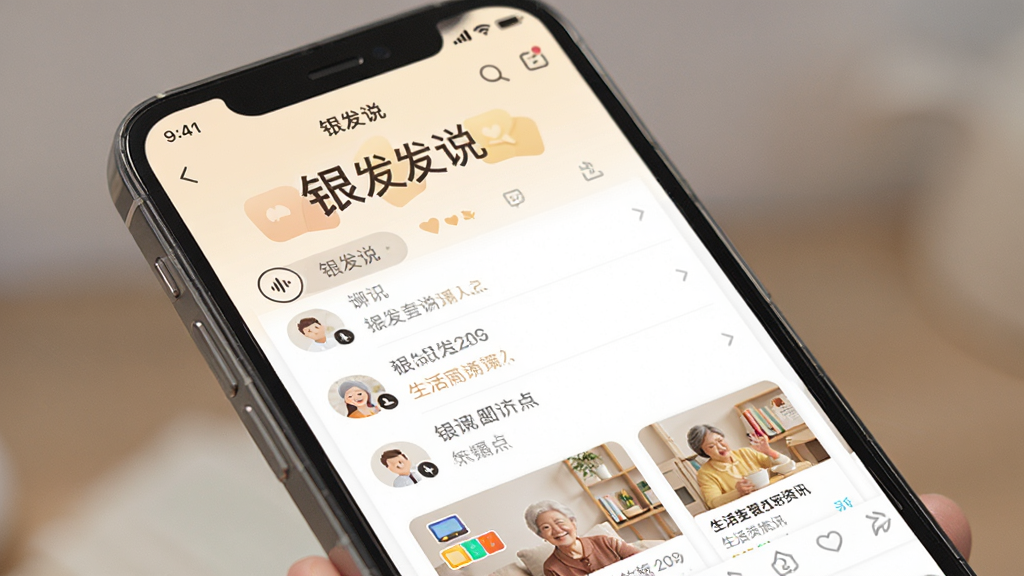 银发说手机应用界面展示,主体为一部智能手机,屏幕显示银发说APP主页面,布局简洁,大字体大图标,排版清晰,风格温馨亲切,细节包括语音按钮、聊天列表、生活资讯卡片,画质高清,干净,无多余元素