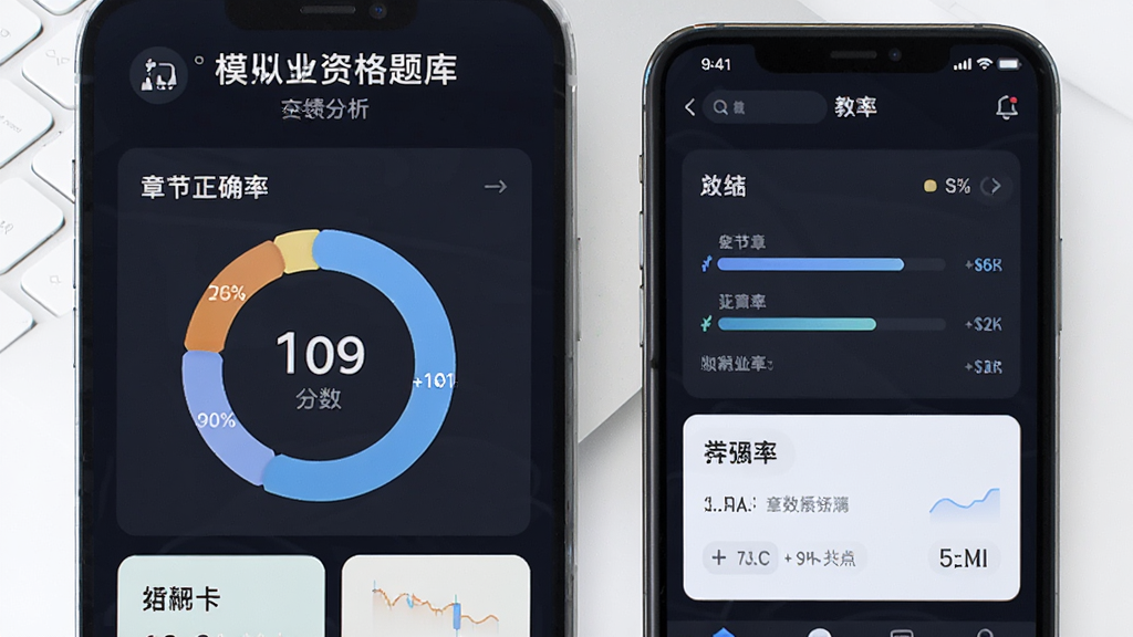 期货从业资格题库网 模拟考试交卷后的成绩分析页面 手机界面展示分数环形图与章节正确率 教育类APP数据可视化风格 深色数字配浅色卡片 排版整齐 高清画质