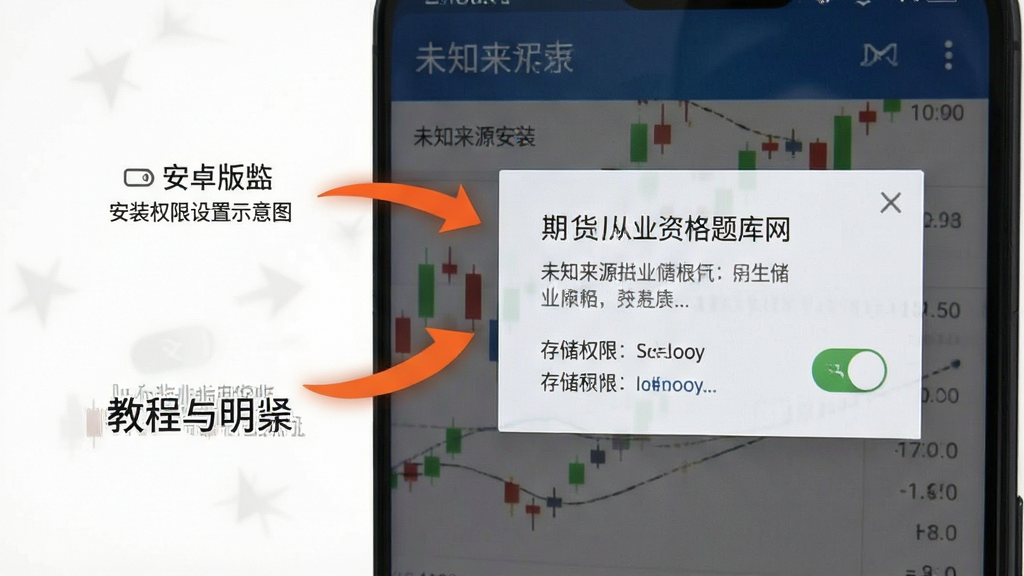 期货从业资格题库网 安卓版 安装权限设置示意图 手机屏幕显示未知来源安装开关与存储权限弹窗 教程类配图风格 简洁明了 带箭头标注 高清画质