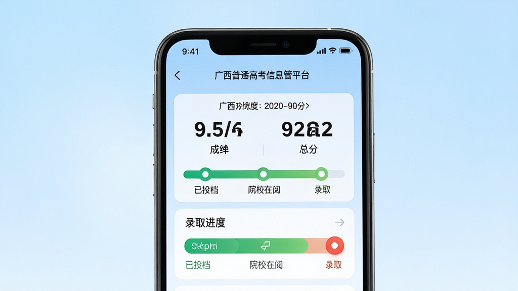 广西普通高考信息管理平台成绩查询与录取追踪界面,主体为手机屏幕显示成绩单和录取状态进度条,成绩单上有各科分数和总分,进度条显示“已投档”“院校在阅”“录取”等节点,布局为上下结构,风格为清新教育类APP设计,细节上进度条采用绿色渐变,成绩数字加粗显示,背景为浅蓝色渐变,画面干净,无多余元素,高分辨率画质