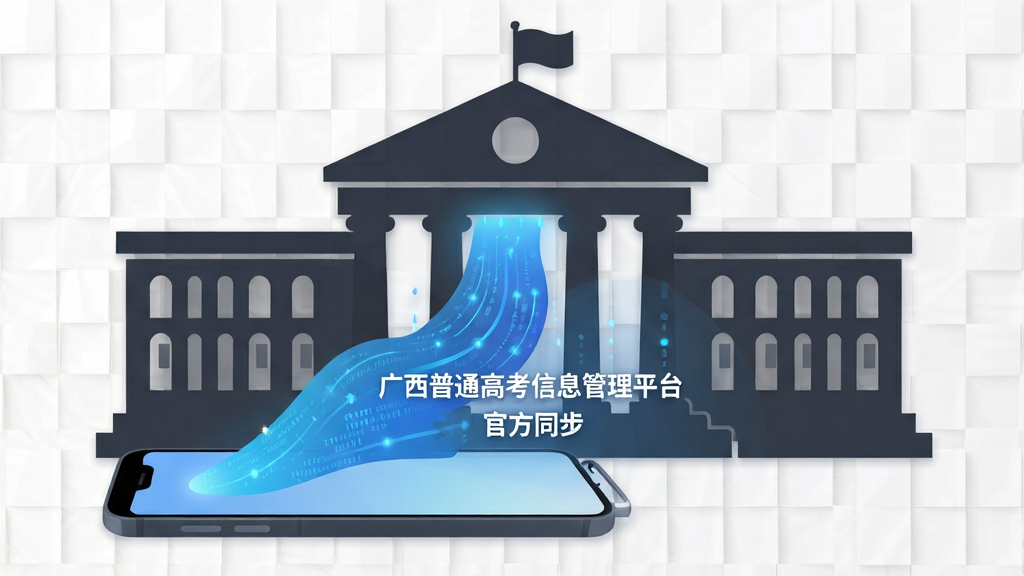 广西普通高考信息管理平台官方数据同步功能示意图,画面中央为一座象征官方机构的建筑剪影,建筑前方有一部手机,手机屏幕射出蓝色数据流连接建筑与手机,数据流中隐约可见文字“广西普通高考信息管理平台”和“官方同步”字样,布局为左中右结构,风格为科技感扁平插画,细节上数据流采用渐变蓝色,建筑为深灰色,背景为浅色网格纹理,画面干净整洁,无多余装饰元素,高分辨率画质