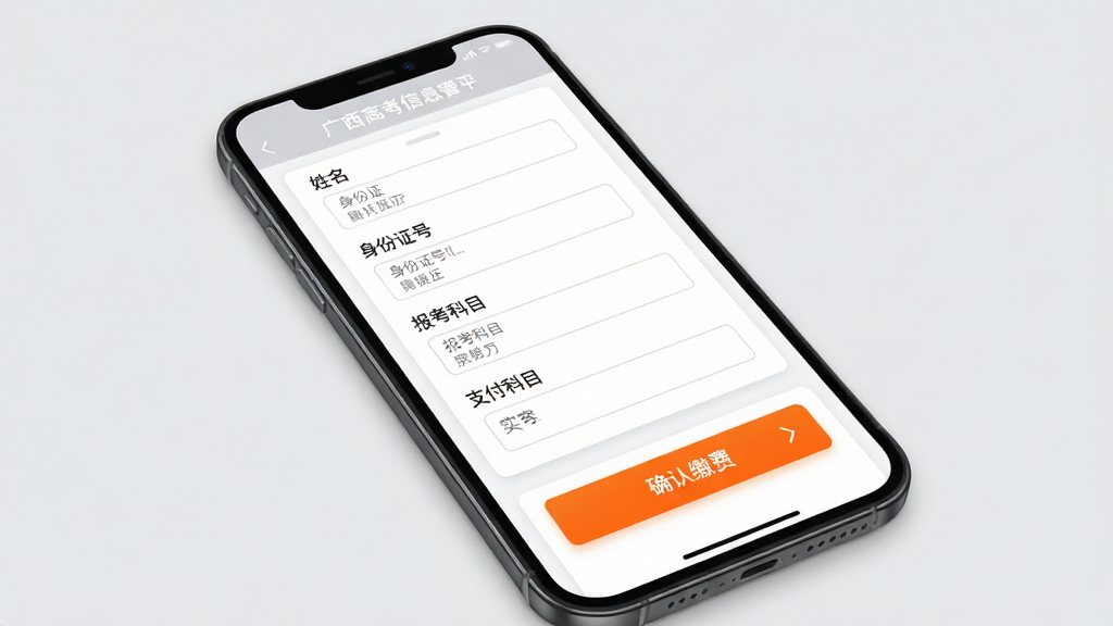 广西普通高考信息管理平台报名缴费功能展示,主体为手机屏幕显示报名信息填写表单和支付页面,表单中包含姓名、身份证号、报考科目等输入框,下方有“确认缴费”按钮,布局为上下滚动式界面,风格为现代移动端UI设计,细节上按钮为橙色高亮,表单背景为白色卡片式设计,背景为浅灰色,画面干净,无多余元素,高分辨率画质