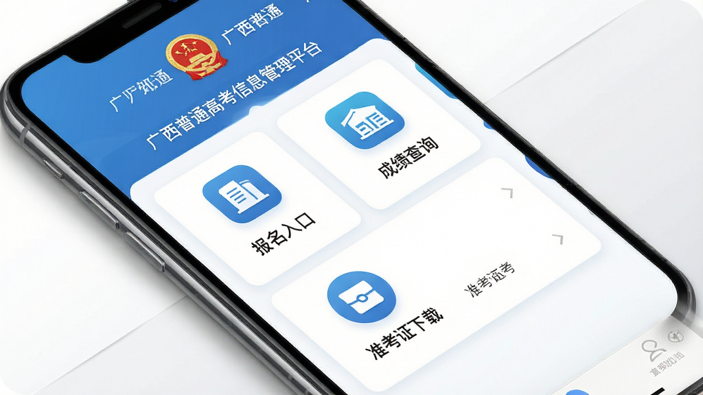 广西普通高考信息管理平台官方应用界面展示,主体为一部智能手机屏幕,屏幕上清晰显示广西普通高考信息管理平台的首页界面,包含报名入口、成绩查询、准考证下载等功能模块的图标与文字,布局简洁明了,排版规整有序,风格为官方政务类应用典型设计,蓝色与白色为主色调,细节上屏幕边缘有轻微的阴影效果,背景为纯白或浅灰渐变,画面干净无多余元素,高分辨率,画质清晰,适合软件下载站展示图使用