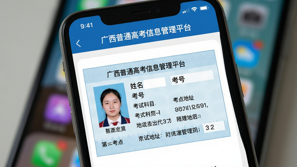 广西普通高考信息管理平台准考证电子版查询界面,主体为手机屏幕特写,屏幕上显示一张电子准考证的预览图,准考证上有考生照片、姓名、考号、考试科目、考点地址等字段,屏幕上方有“广西普通高考信息管理平台”标题栏,布局为上下结构,风格为真实APP截图风格,细节上准考证采用浅蓝色底纹,文字清晰可辨,背景为手机桌面虚化效果,画面干净,无多余元素,高分辨率画质