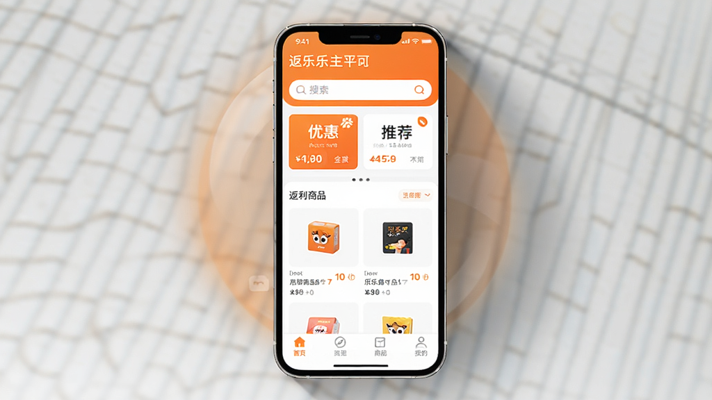 返乐乐软件主界面截图,画面中央展示手机屏幕,屏幕内呈现返乐乐应用首页布局,顶部为搜索栏,中部为优惠券推荐卡片和返利商品列表,底部为导航菜单栏,整体配色以橙色和白色为主,风格简洁清新,手机周围有柔和的阴影和光晕,画质清晰干净,无多余元素