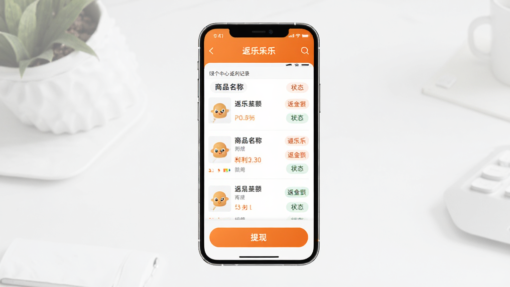 返乐乐返利明细与提现页面示意图,画面中央展示手机屏幕,屏幕内为返乐乐个人中心返利记录列表,每条记录显示商品名称、返利金额和状态标签,下方有提现按钮,整体配色橙色为主,风格简洁,画质清晰干净,无多余元素