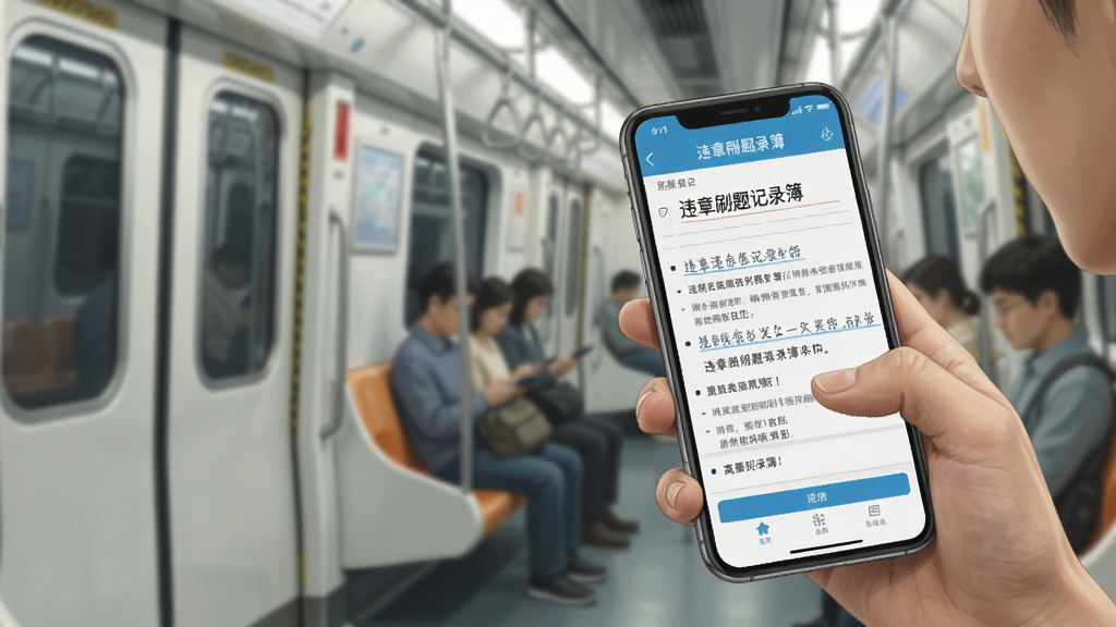 一张展示“违章刷题记录簿”离线刷题场景的图片,画面中手机屏幕显示题目,旁边有地铁车厢背景,风格为写实插画,细节包括手机界面清晰、人物手持手机、环境光线柔和,画质高清,干净无多余元素