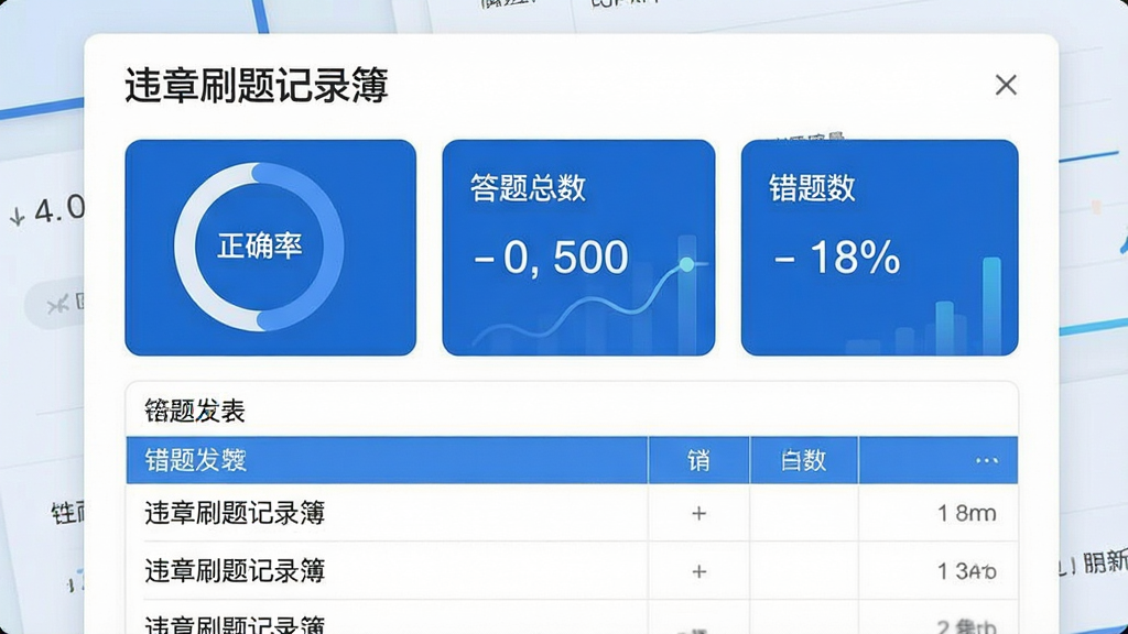 一张展示“违章刷题记录簿”答题记录页面的图片,画面中显示正确率环形图、答题总数、错题数量等数据卡片,下方有错题列表,布局为上下结构,风格为简约商务风,细节包括蓝色主色调、数据可视化图表、清晰文字,画质高清,画面干净,无多余元素