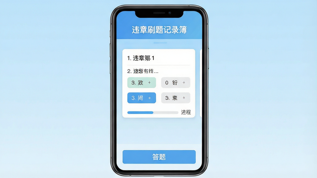 一张展示手机屏幕的图片,屏幕中央显示“违章刷题记录簿”软件主界面,界面顶部有“违章刷题记录簿”文字标题,中间是题目卡片区域,底部有答题按钮,背景为浅蓝色渐变,整体布局简洁清晰,风格为扁平化UI设计,细节包括题目序号、选项按钮、进度条,画质高清,画面干净,无多余元素