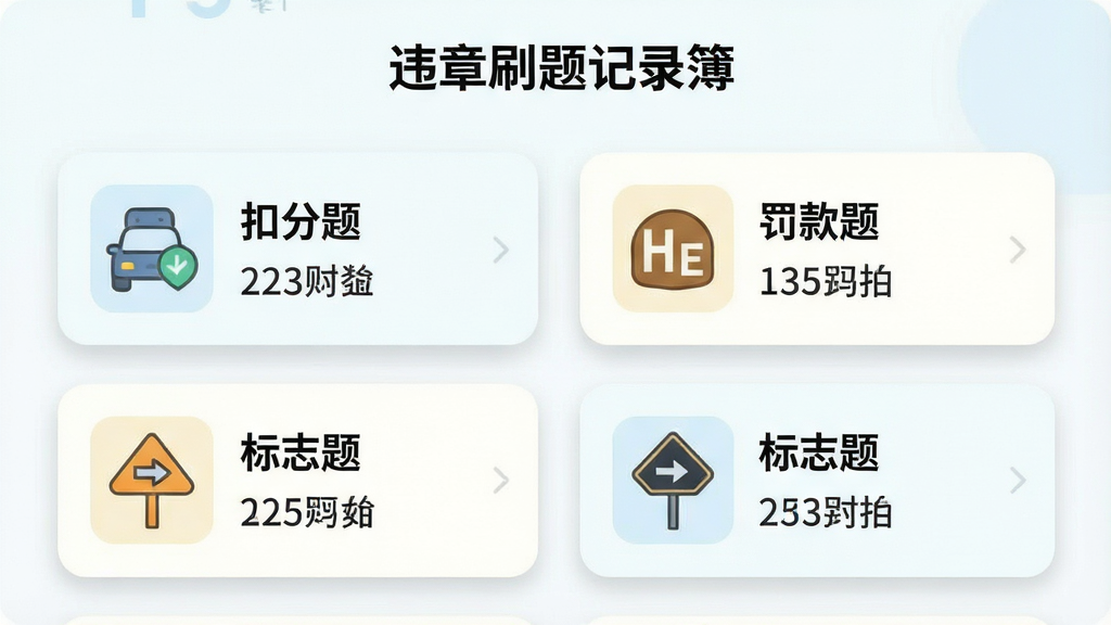 一张展示“违章刷题记录簿”题库分类页面的图片,画面中显示多个分类卡片如“扣分题”“罚款题”“标志题”,每个卡片带有图标和题目数量,布局为两列网格排列,风格为清新浅色系,细节包括卡片圆角、柔和阴影、文字清晰,画质高清,干净无多余元素