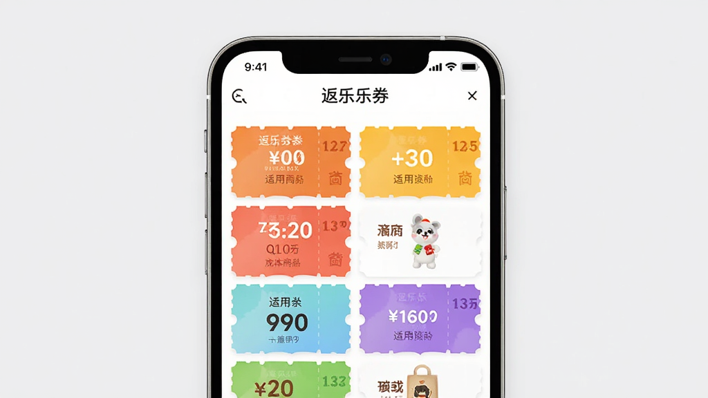返乐乐优惠券领取界面展示图,画面中央为手机屏幕,屏幕内显示返乐乐应用的优惠券列表页面,多张彩色优惠券卡片整齐排列,卡片上标注有不同面额和适用商品类别,背景为浅灰色,整体风格清爽,画质清晰干净,无多余元素
