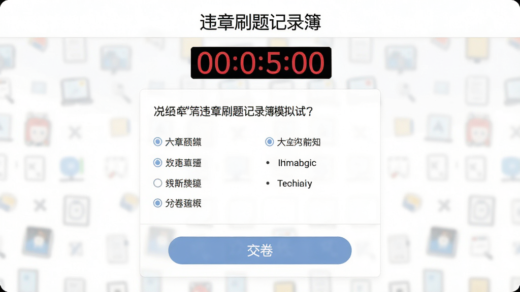 一张展示“违章刷题记录簿”模拟考试界面的图片,屏幕上方有倒计时器,中间显示题目和选项,底部有交卷按钮,背景为白色,风格为素雅极简,细节包括清晰题目文字、选项按钮、计时数字,画质高清,画面干净,无多余元素