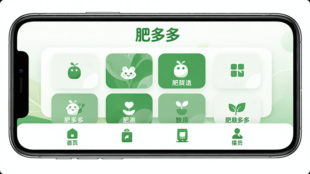 手机屏幕展示“肥多多”应用的主界面,底部有四个导航图标,中间区域为功能模块入口,顶部为品牌名称“肥多多”,整体采用圆角卡片式设计,配色以绿色和白色为主,风格清新简洁,高清画质,无多余元素