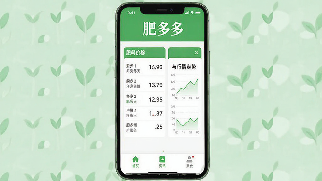 手机屏幕中显示农业资讯类应用界面,页面上方有“肥多多”三个字作为应用标题,中间区域展示肥料价格列表与行情走势小图,底部为简洁的导航栏,整体采用绿色与白色搭配的清新风格,画面干净整洁,扁平化设计,高清画质,无多余装饰元素