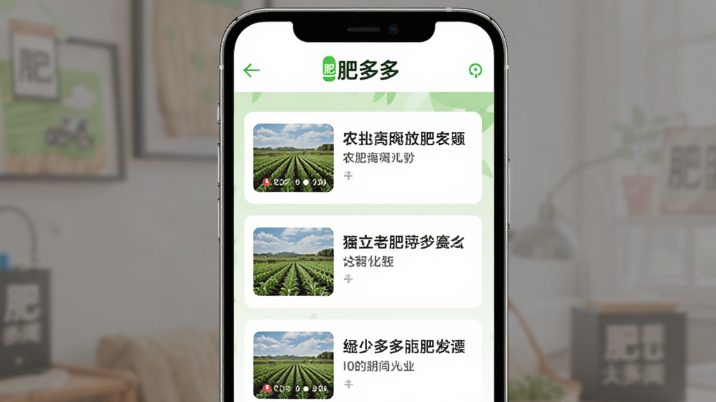 手机应用“肥多多”的资讯页面,屏幕上排列着多条农业新闻卡片,每张卡片左侧有小图,右侧为标题文字,顶部有“肥多多”品牌标识,背景为白色与淡绿色搭配,排版整齐,扁平化设计风格,高清画质,画面干净