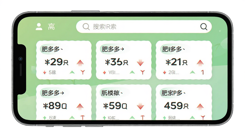 一款名为“肥多多”的手机应用界面,画面中央展示多个肥料品类卡片,每个卡片上有价格数字与涨跌箭头,背景为浅绿色渐变,顶部有搜索框,整体布局清晰,扁平化UI风格,高清画质,干净简洁