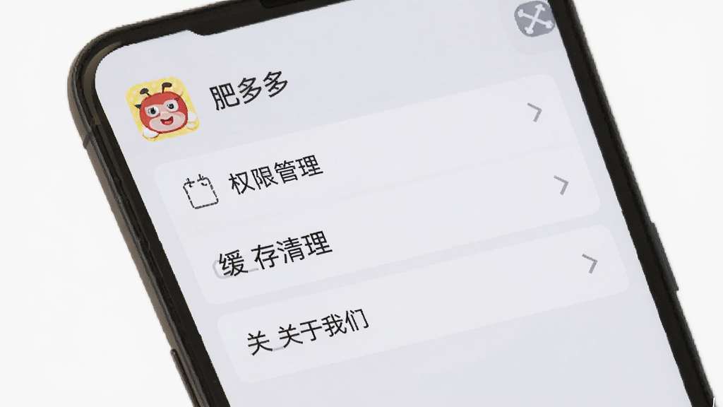 手机屏幕显示“肥多多”应用的设置页面,页面上有权限管理、缓存清理、关于我们等选项,背景为浅灰色,文字清晰,界面简洁,扁平化设计风格,高清画质,干净无多余元素
