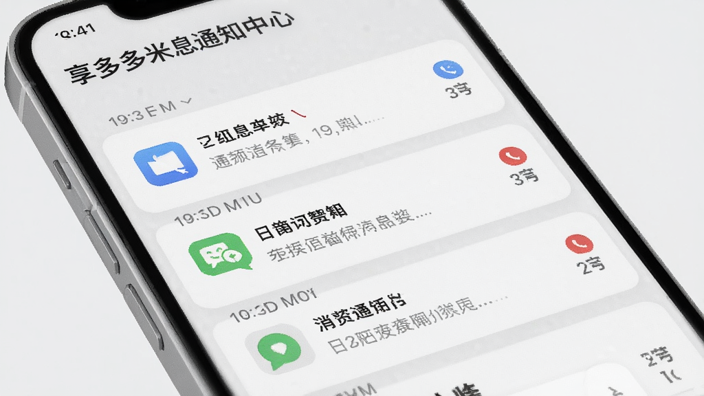 享多米消息通知中心界面,主体为手机屏幕展示消息列表,布局为按时间排序的通知卡片,排版整齐规范,风格为浅灰质感商务风,细节上消息图标与未读标记清晰,画质高清,干净,无多余元素