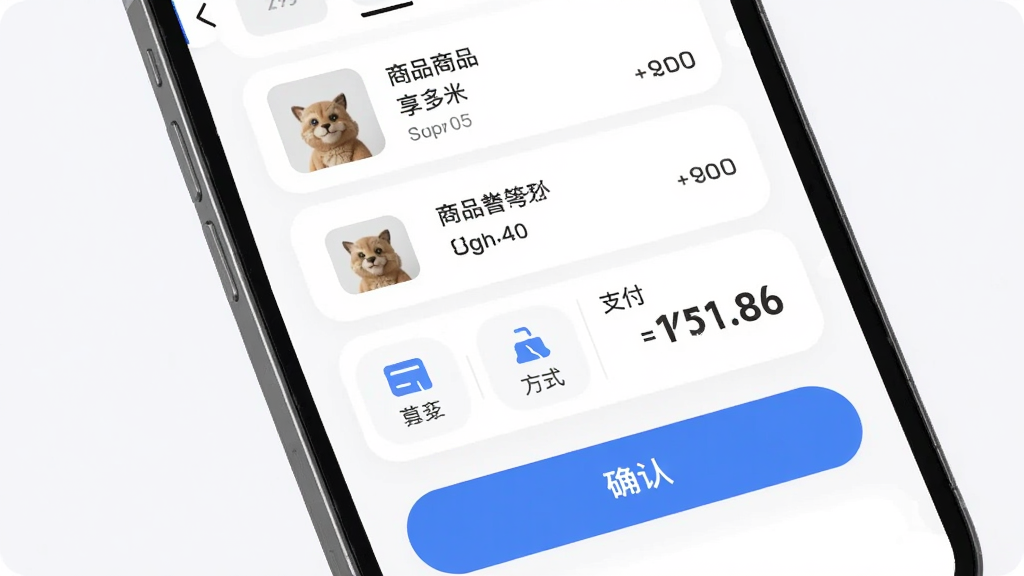 享多米在线下单与支付界面,主体为手机屏幕展示订单确认页面,布局为上方商品清单中部支付方式下方确认按钮,排版简洁明了,风格为柔和圆角卡片设计,细节上支付图标与金额数字醒目,画质高清,干净,无多余元素