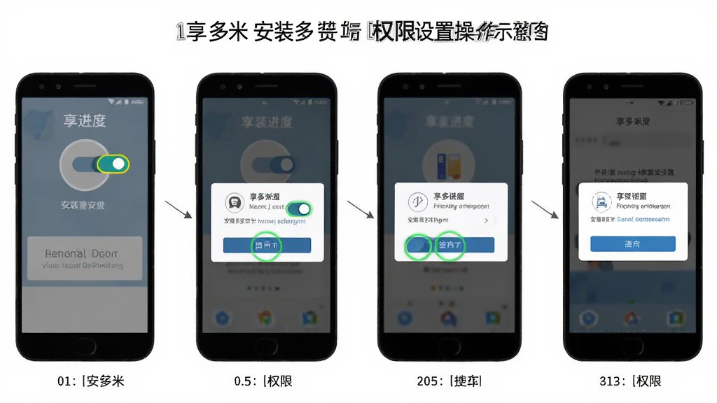 享多米安装与权限设置操作示意图,主体为手机屏幕展示安装进度与权限弹窗,布局为分步截图排列,排版清晰易懂,风格为教程类扁平插画,细节上权限开关与按钮高亮显示,画质高清,干净,无多余元素