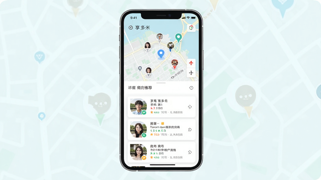享多米周边商户推荐功能界面,主体为手机屏幕展示地图与商户列表,布局为上方地图定位下方卡片式商户信息,排版层次分明,风格为清新浅色系,细节上地图标注点与商户头像清晰可见,画质高清,干净,无多余元素