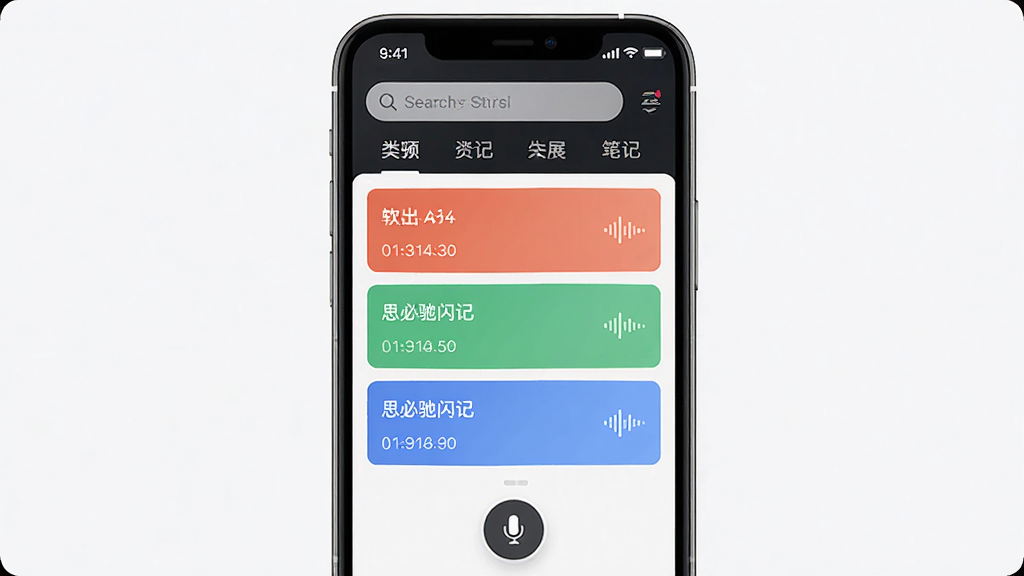 思必驰闪记软件全貌展示,主体是一部智能手机屏幕,屏幕内显示思必驰闪记App的笔记列表界面,界面排版整洁,顶部有搜索栏和分类标签,中部是彩色卡片式笔记条目,底部有录音悬浮按钮。整体布局为居中构图,风格为现代科技感UI风格,细节包括清晰的时间戳标识和语音波形图标,画质高清,干净,无多余元素。