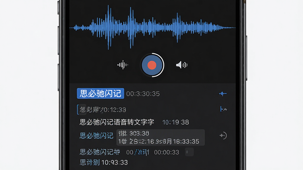思必驰闪记语音转文字功能展示,主体是手机屏幕特写,屏幕上半部分显示录音中的语音波形,下半部分同步生成文字段落,文字带有时间戳标记。布局为上下结构,风格为极简扁平化设计,细节包括蓝色高亮的识别状态和清晰的字体排版,画质高清,干净,无多余元素。