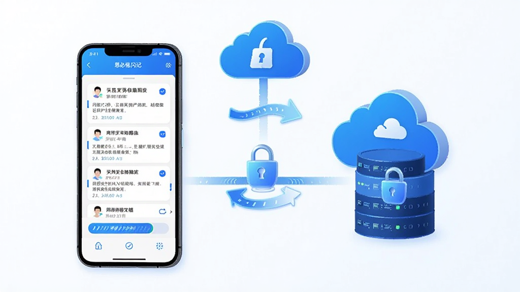 思必驰闪记云端同步与安全存储示意图,主体是手机和云端服务器的连接概念图,手机屏幕显示笔记列表,上方有云朵图标和同步箭头。布局为左右对称,风格为科技蓝配色,细节包括锁形安全图标和同步进度条,画质高清,干净,无多余元素。