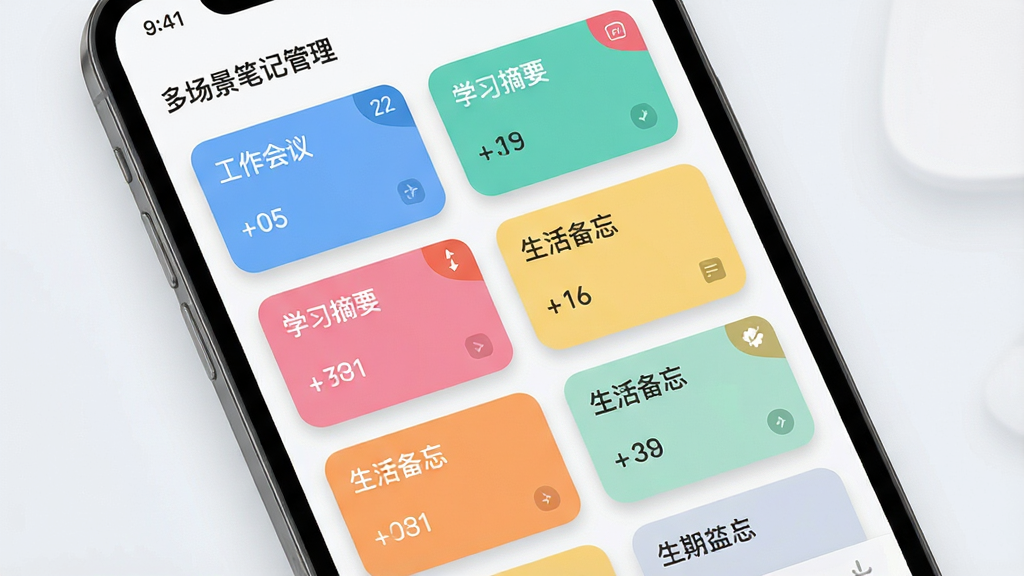 思必驰闪记多场景笔记管理界面,主体是手机屏幕展示笔记本列表,包含“工作会议”“学习摘要”“生活备忘”等分类卡片,每个卡片有不同颜色标识和笔记数量角标。布局为网格排列,风格为清新浅色系UI,细节包括圆角卡片和阴影效果,画质高清,干净,无多余元素。