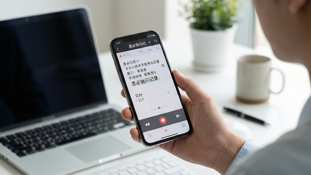 思必驰闪记新手使用场景示意图,主体是用户手持手机使用思必驰闪记录音,手机屏幕显示录音界面和实时文字,背景为简洁的办公桌面。布局为人物半身构图,风格为写实生活化,细节包括清晰的手机屏幕内容和自然的握持姿势,画质高清,干净,无多余元素。