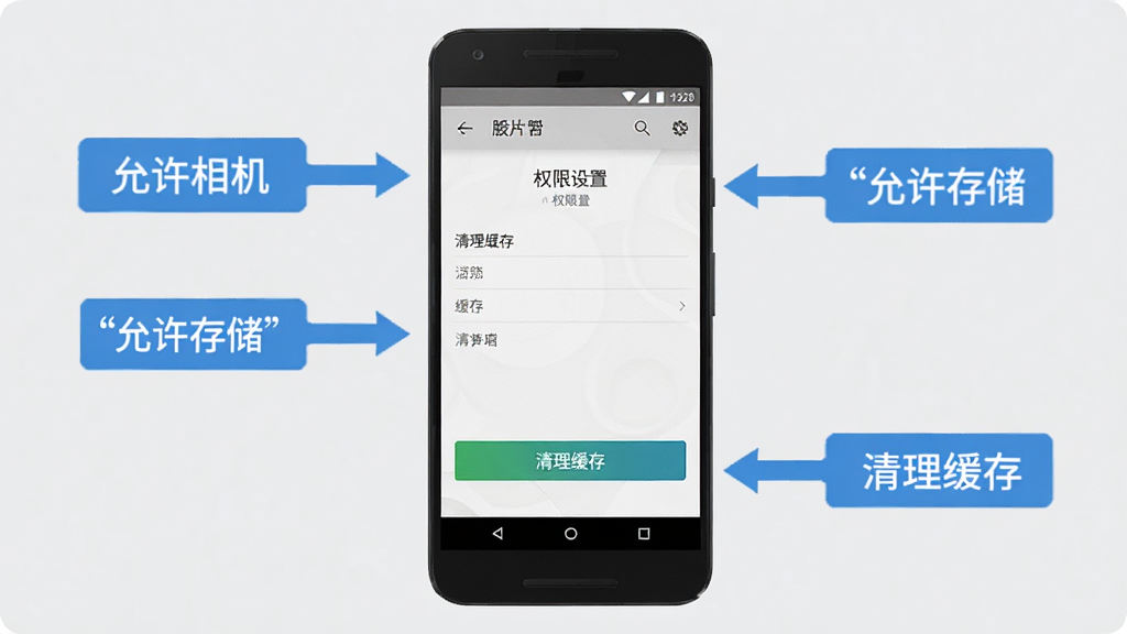 CCD氛围胶片相机故障解决示意图,画面中展示一部安卓手机屏幕,屏幕上显示权限设置界面和清理缓存按钮,背景为浅灰色,布局为居中手机模型加周围标注箭头,风格扁平化科技感,细节包括