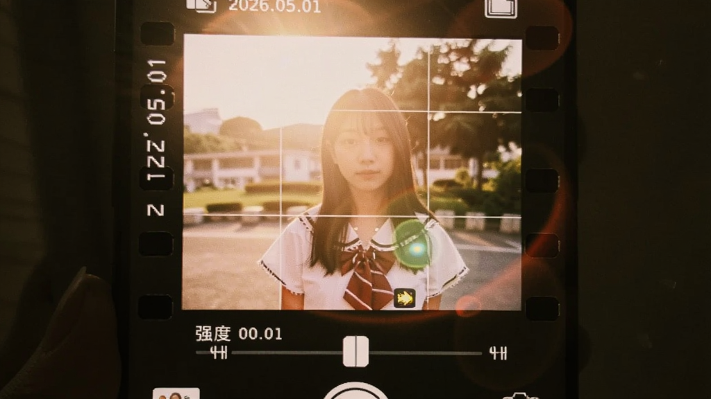 CCD氛围胶片相机拍摄界面,画面中手机屏幕显示取景框,取景框内是一位站在阳光下的少女,画面带有明显的光晕和漏光效果,屏幕下方有颗粒强度调节滑块,布局为上下结构,风格温暖怀旧,细节包括日期水印