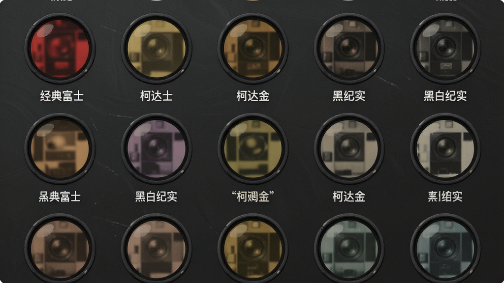 CCD氛围胶片相机滤镜选择界面,画面中整齐排列着多个圆形滤镜缩略图,每个缩略图展示不同色调的胶片效果,背景为深灰色磨砂质感,布局采用网格排版,风格简约复古,细节包括滤镜名称标签如