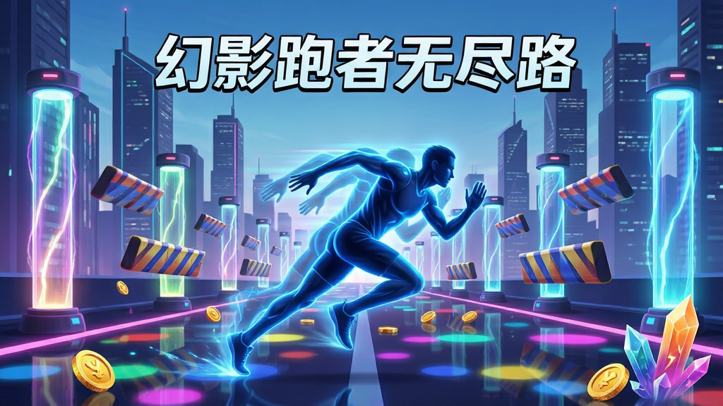 画面中央一位身披幽蓝光影的幻影跑者在霓虹闪烁的未来城市赛道上急速奔跑,赛道两侧是发光能量柱与悬浮障碍物,远景为赛博朋克风格的高楼轮廓,主体居中偏下布局,上方留出天空区域用于标题排版,整体风格为高饱和霓虹赛博朋克插画,细节包括跑者身后拖曳的光影残影、地面反射的彩色光斑、金币与能量晶体散落赛道,画质为高清精细渲染,画面干净通透,无多余杂乱元素,图中文字标注“幻影跑者无尽路”
