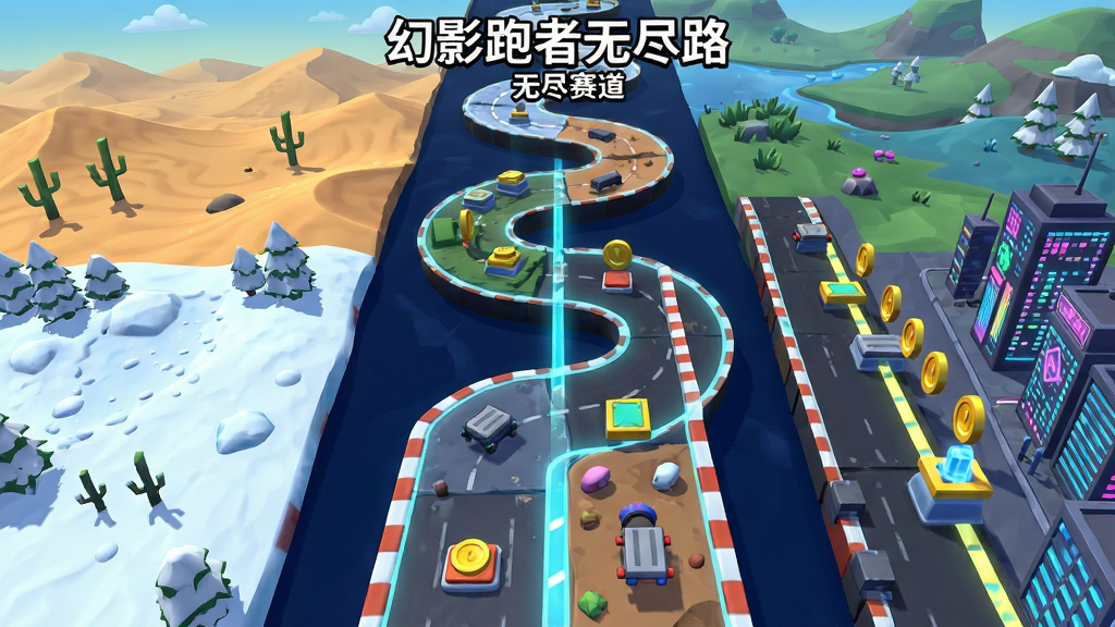 一条由程序算法生成的无限延伸赛道从画面中心向远方蜿蜒展开,赛道由不同风格的模块随机拼接而成,包含沙漠、雪原、霓虹都市三种地貌片段,视角为俯视纵深构图,布局上赛道占画面中央纵向三分之一,两侧为各风格的环境装饰,风格为明快卡通渲染,细节包括赛道接缝处的发光过渡线、随机分布的金币串与跳板道具,画质清晰锐利,画面干净无杂乱元素,图中文字标注“幻影跑者无尽路 无尽赛道”
