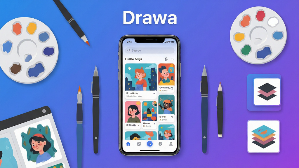 画栈 Drawa 应用主界面全景展示,画面中央放置一台智能手机,屏幕内呈现绘画社区首页,包含推荐作品瀑布流、顶部搜索栏和底部导航图标;手机周围环绕数位笔、调色盘、图层缩略图等绘画元素;布局采用居中构图,上方留白放置软件名称文字;风格为现代扁平化UI展示风格,色调以蓝紫渐变为主;细节包含图标阴影、界面卡片圆角、作品缩略图丰富多样;画质为高清4K,画面干净整洁,无多余杂乱元素