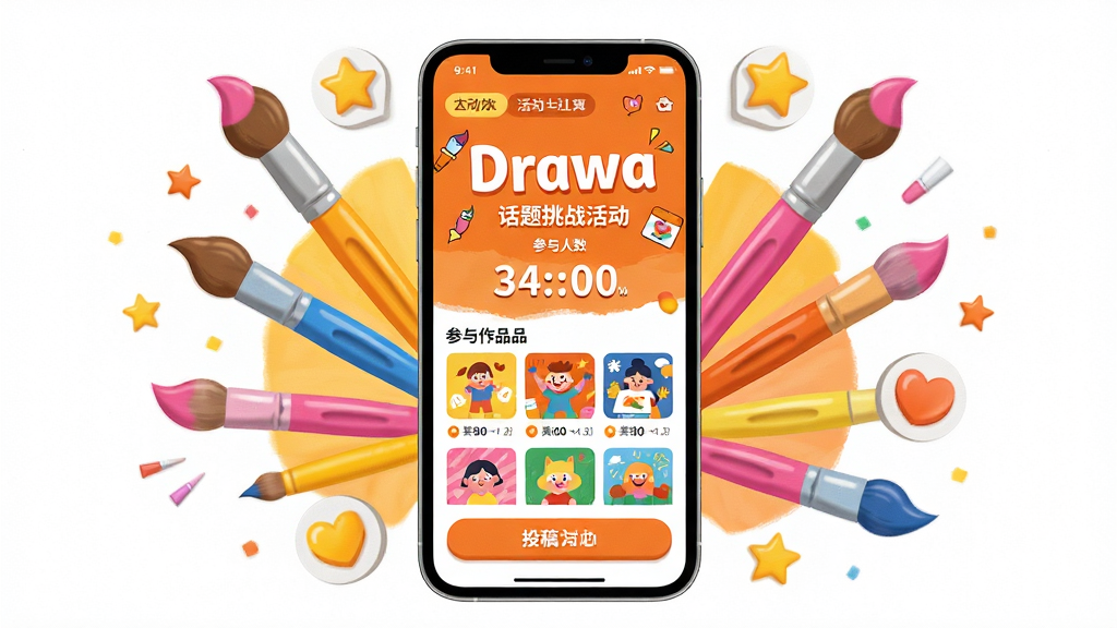 画栈 Drawa 话题挑战活动页面展示,画面中央为手机屏幕,屏幕内呈现活动横幅、倒计时、参与作品网格和投稿按钮;屏幕周围环绕彩色画笔、星星、点赞图标等装饰元素;布局为居中发散式;风格为活泼明快的插画风格,橙黄与粉色为主色调;细节包含活动标签、作品缩略图、参与人数数字;画质高清,画面干净,无多余元素