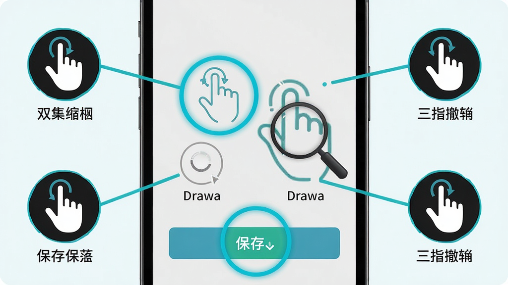 画栈 Drawa 新手操作界面指引图,画面为手机屏幕特写,屏幕内用高亮圆圈标注双指缩放、三指撤销、保存按钮等关键操作位置,旁边配有手势示意图标;布局为手机居中,标注线向四周发散;风格为教程图解风格,浅色背景,蓝绿色标注;细节包含手势轮廓线、按钮放大镜效果、简洁文字说明;画质高清,画面干净,无多余装饰