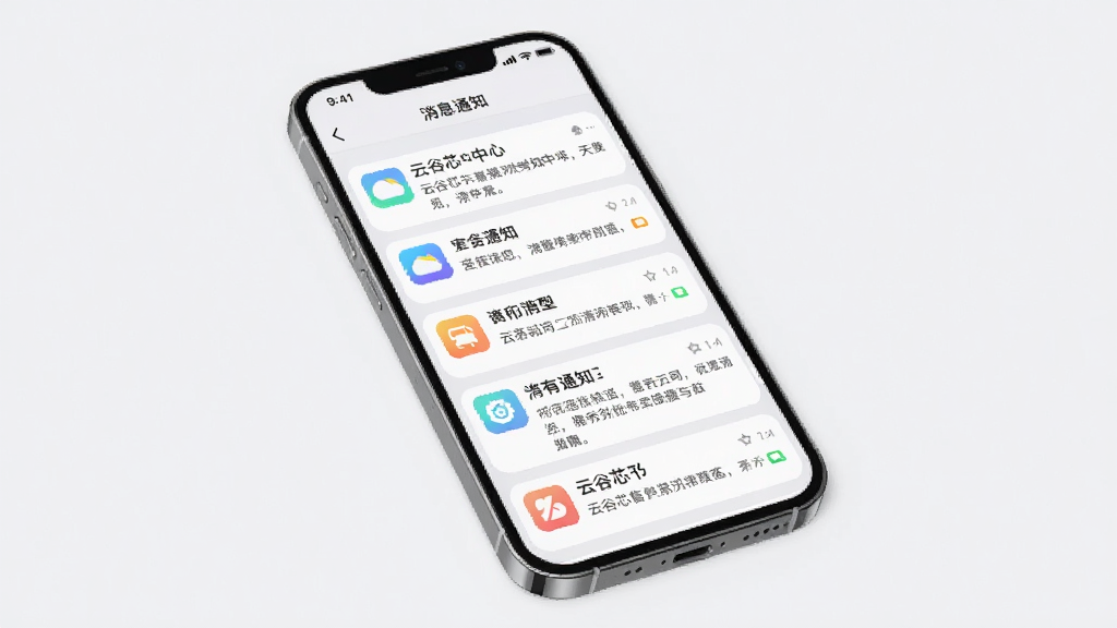 云谷芯App的消息通知中心界面展示图,画面以手机屏幕为主体,屏幕内显示多条通知卡片纵向排列,每条卡片左侧有彩色小图标,右侧为文字内容区域,整体色调为淡雅的浅灰与白色搭配,背景干净整洁,手机以略微倾斜的角度放置在纯色背景上,画质清晰,无多余装饰元素