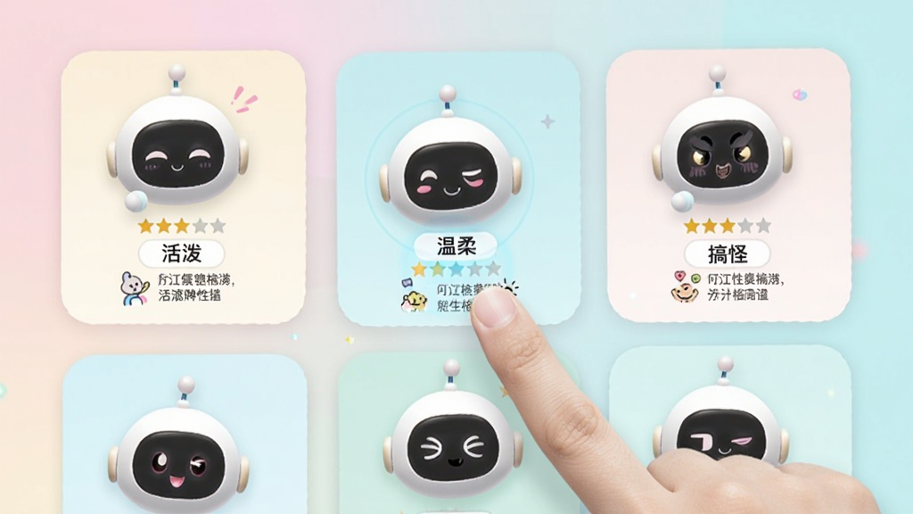 萌UU应用界面展示性格选择页面,屏幕上排列着多个不同表情的萌UU机器人头像,分别标注“活泼”“温柔”“搞怪”等标签,用户手指正在点击其中一个头像,背景为柔和的马卡龙色系,布局为居中卡片式排列,细节包括每个头像旁的星级评分和性格描述文字,画质高清,干净,无多余元素