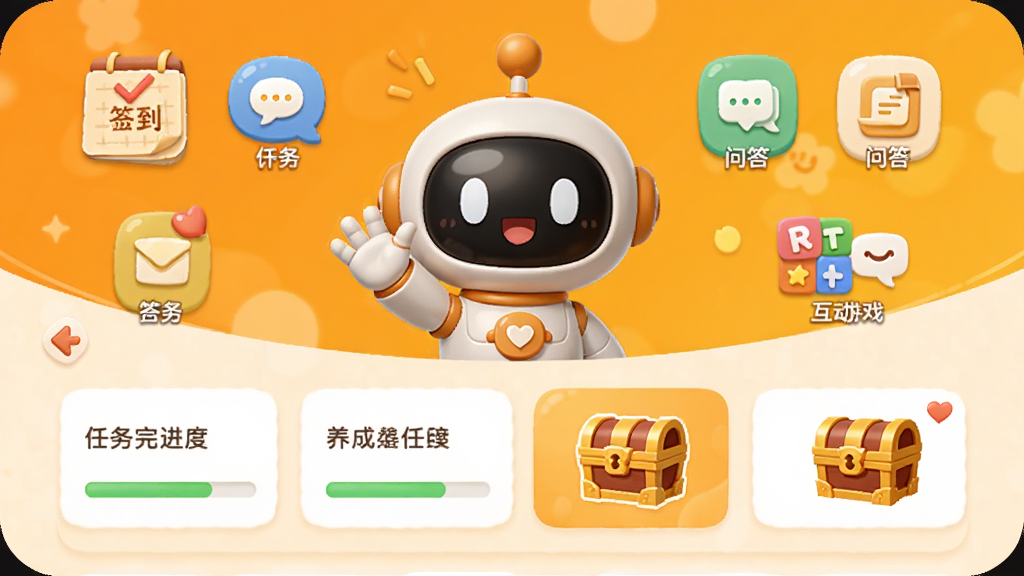 萌UU应用主界面展示养成任务列表和互动小游戏入口,界面中有可爱的萌UU机器人卡通形象在屏幕中央做出打招呼动作,周围环绕着签到、对话、问答等任务图标,背景为明亮的橙黄色调,布局为上下结构,上方是机器人形象下方是任务卡片,细节包括任务完成进度条和奖励宝箱图标,画质高清,干净,无多余元素