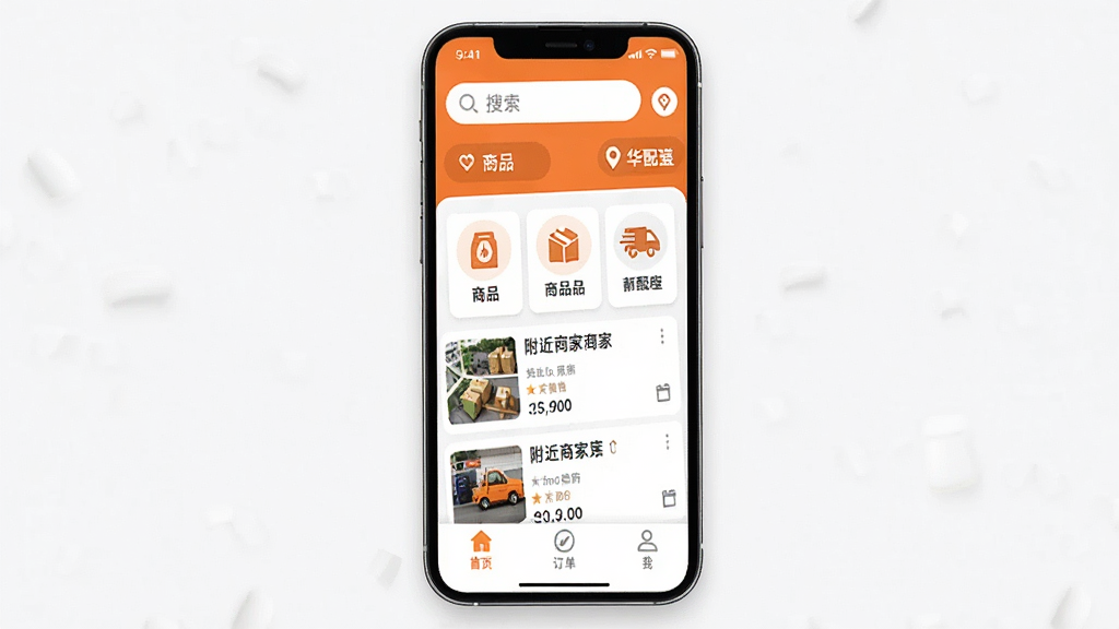 手机屏幕展示华盛配送应用主界面,顶部是搜索栏与定位信息,中部为商品分类图标与附近商家列表,底部导航栏包含首页订单我的等入口,整体布局清晰,配色以橙色和白色为主,风格简洁现代,画质清晰干净无多余元素