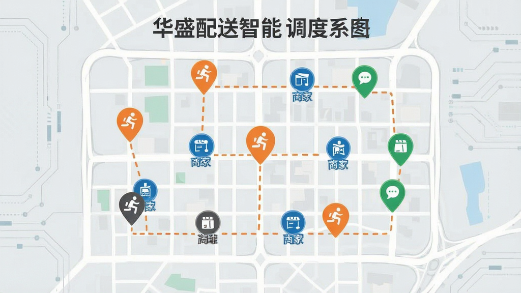 一幅展示华盛配送智能调度系统的示意图,画面中央是城市地图网格,多个橙色定位图标代表骑手,蓝色图标代表商家,绿色图标代表用户,虚线连接形成配送路径,背景为浅灰色科技感底纹,风格扁平化信息图,画质清晰干净无多余元素