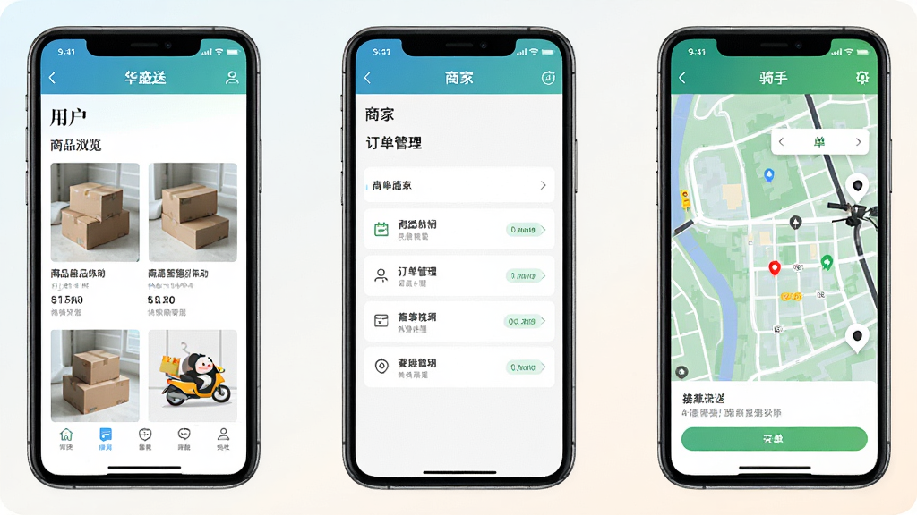 三台手机并排展示华盛配送不同角色界面,左侧为用户端商品浏览页,中间为商家端订单管理页,右侧为骑手端接单地图页,三台手机屏幕内容清晰可辨,背景为浅色渐变,风格统一整洁,画质清晰干净无多余元素