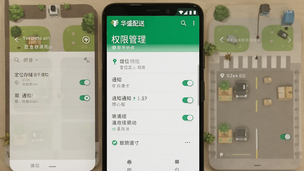 手机设置界面展示华盛配送的权限管理页面,包括定位存储通知等开关选项,界面风格与安卓原生设置一致,画面简洁清晰,画质干净无多余元素